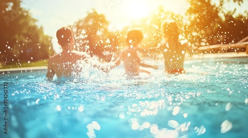Wallpaper Mural playful family splashing in crystalclear swimming pool summer vacation fun in bright sunlight lifestyle banner  Torontodigital.ca