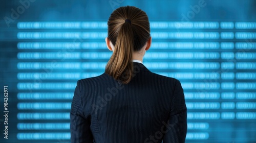 A businesswoman stands before a glowing digital display, focusing intently on data and analytics, Business idea concept.