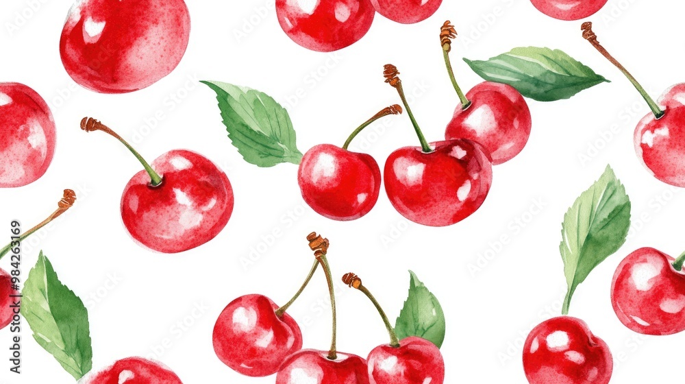 Watercolor seamless pattern of red wild cherries Watercolor seamless pattern of red wild cherries