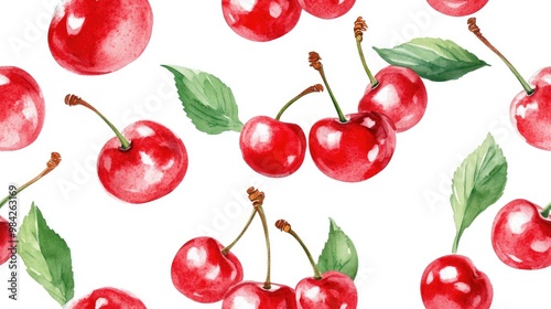 Watercolor seamless pattern of red wild cherries