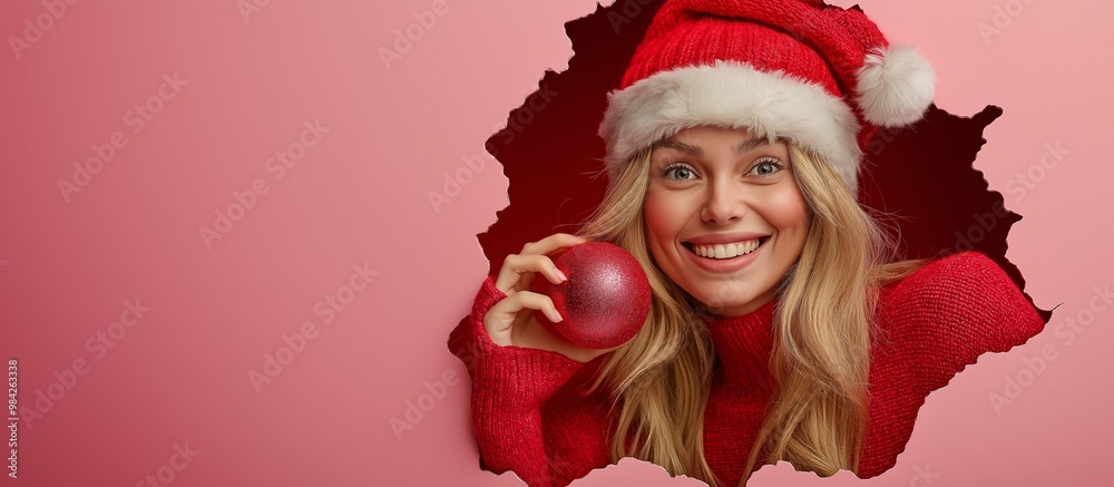 A woman is holding a red ball in her hand and smiling. The image is a close up of her face with a red background A woman is holding a red ball in her hand and smiling. The image is a close up of her face with a red background