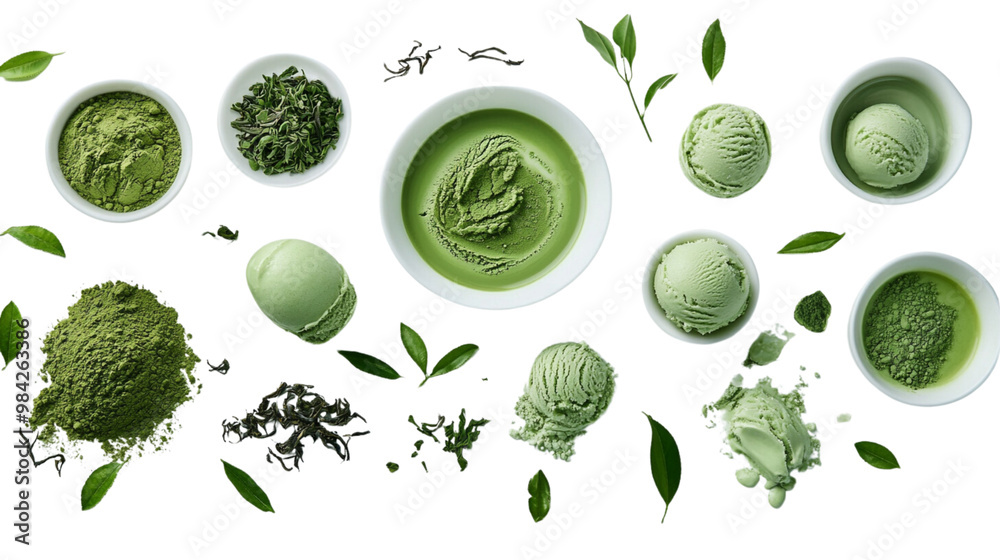A collection of green food items including ice cream and green powder A collection of green food items including ice cream and green powder