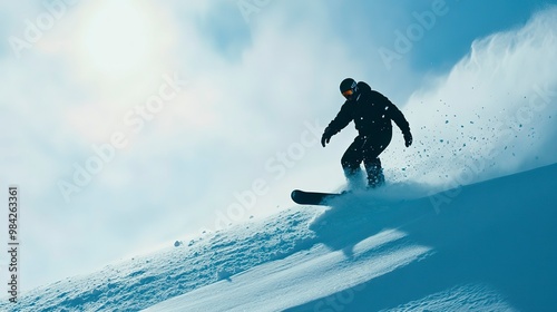 Person snowboarding down a snowy hill, winter sports activity