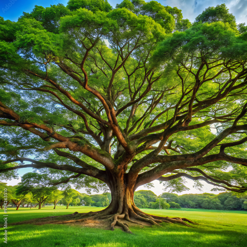 Fototapeta premium tree in the parktree, nature, forest, park, trees, landscape, spring, grass, summer, leaf, leaves, old, branch, wood, oak, sun, sky, trunk, environment, foliage, plant, garden, outdoor, woods, autumn
