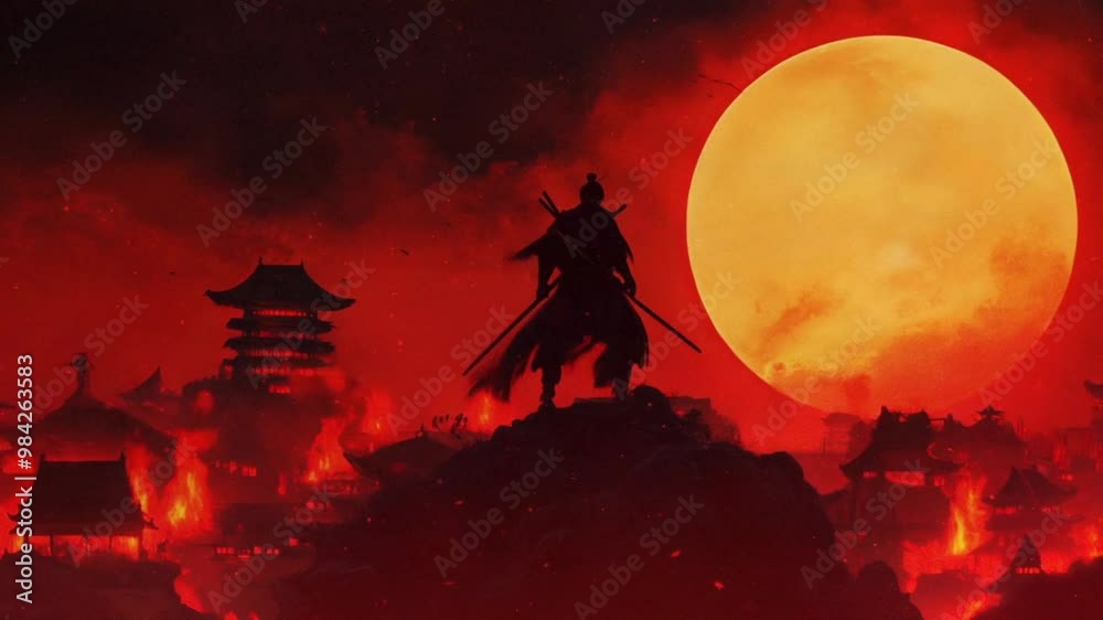 Sengojidai, samuray on a hill standing with village burning in background. Full moon backlit