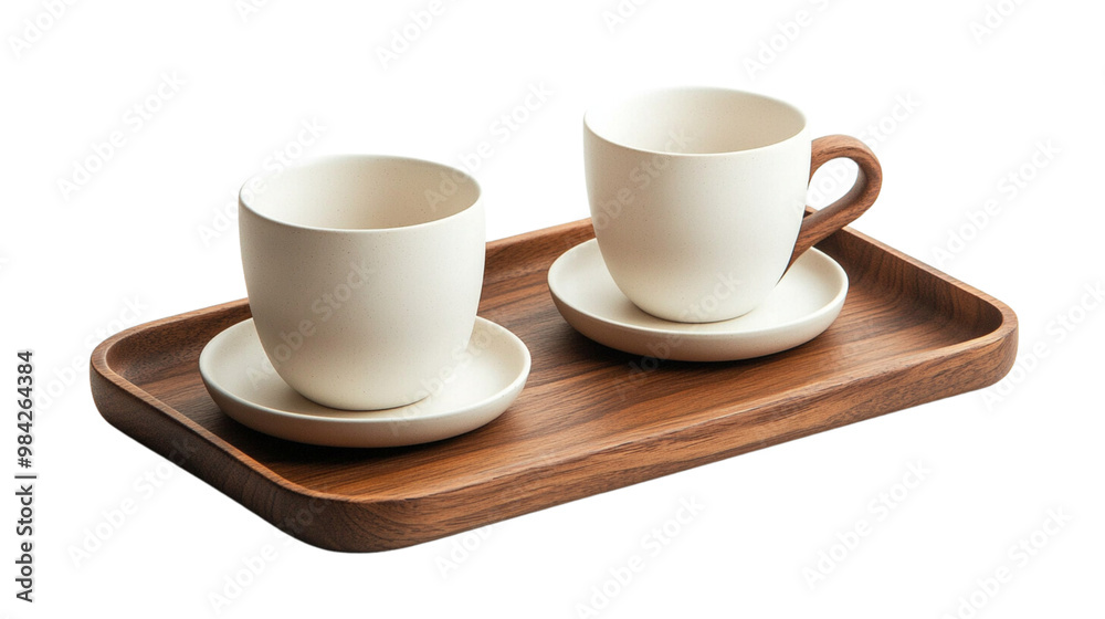 Two white cups and saucers on a wooden tray Two white cups and saucers on a wooden tray
