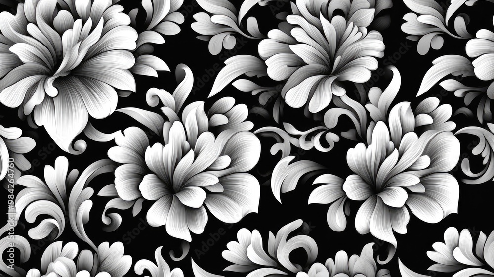 Seamless black and white patterned design featuring ornamental figures suitable for fashion textiles wallpaper wrapping paper fabrics and home decor Seamless black and white patterned design featuring ornamental figures suitable for fashion textiles wallpaper wrapping paper fabrics and home decor