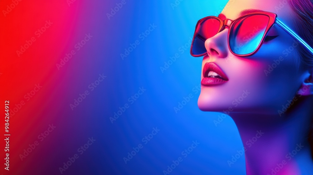 Fashion Forward: Bold Woman in Vibrant Red and Blue Lighting Wearing Trendy Sunglasses, Embracing a Futuristic Style with Striking Colors and Modern Aesthetic Fashion Forward: Bold Woman in Vibrant Red and Blue Lighting Wearing Trendy Sunglasses, Embracing a Futuristic Style with Striking Colors and Modern Aesthetic
