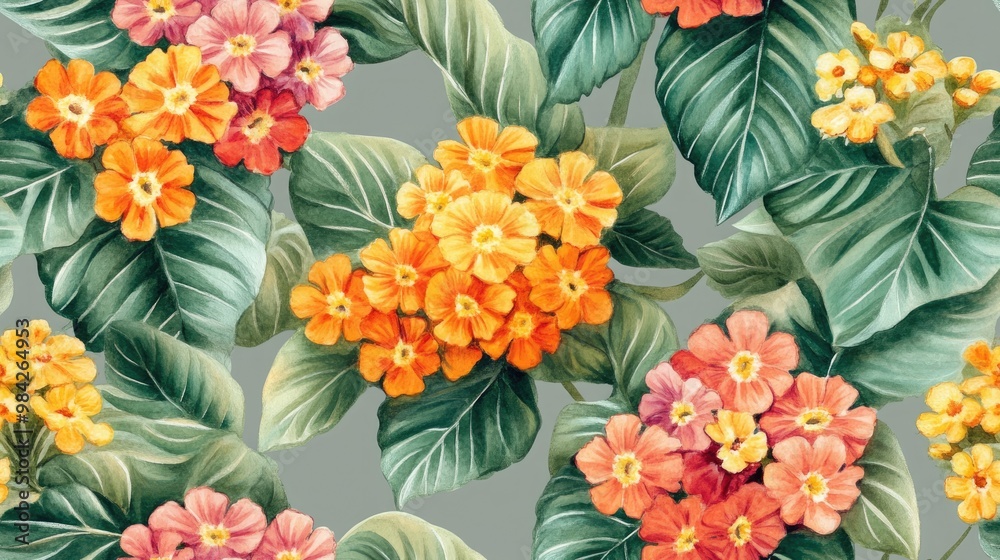 Beautiful lantana flowers surrounded by green leaves on a grey background Seamless floral pattern Watercolor painting Hand drawn illustration suitable for fabric wallpaper and wrapping paper