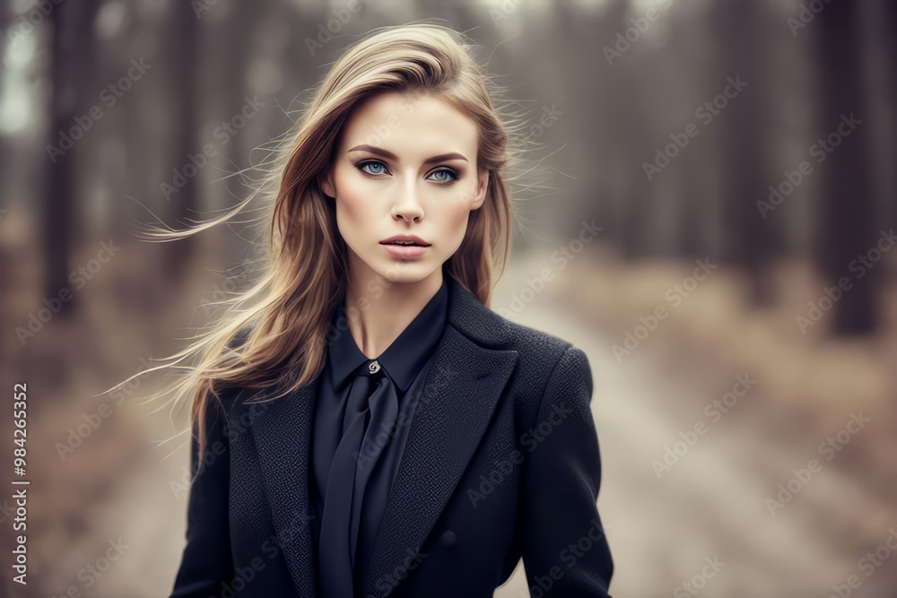 A captivating portrait of a woman with long blonde hair, dressed in a stylish black coat and shirt, standing on a forest path. Her gaze is both confident and wistful. A captivating portrait of a woman with long blonde hair, dressed in a stylish black coat and shirt, standing on a forest path. Her gaze is both confident and wistful.