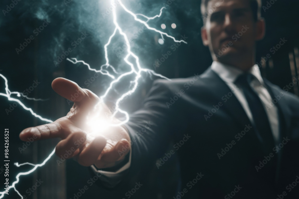 Hand of businessman receiving electric lightning thunder energy. Business power control success concept