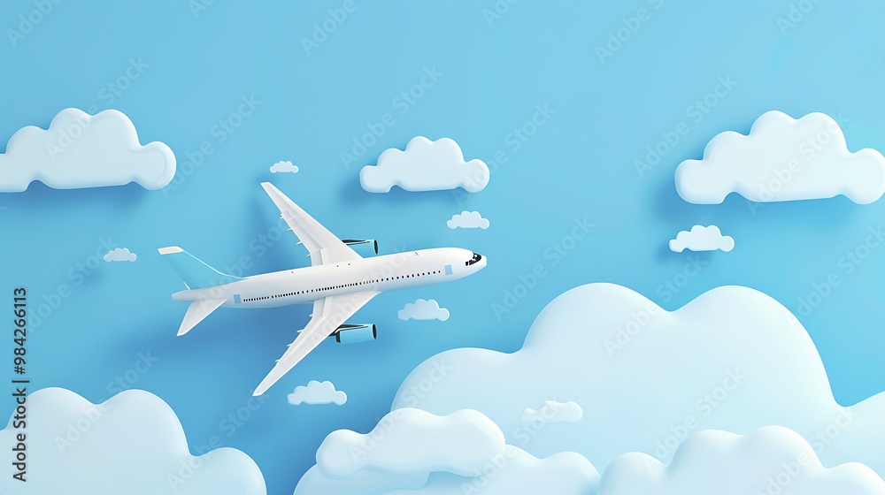 3D vector render of an airplane in summer skies, white clouds, and blue backdrop 3D vector render of an airplane in summer skies, white clouds, and blue backdrop