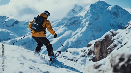 Man playing ski sport on mountain in the winter 