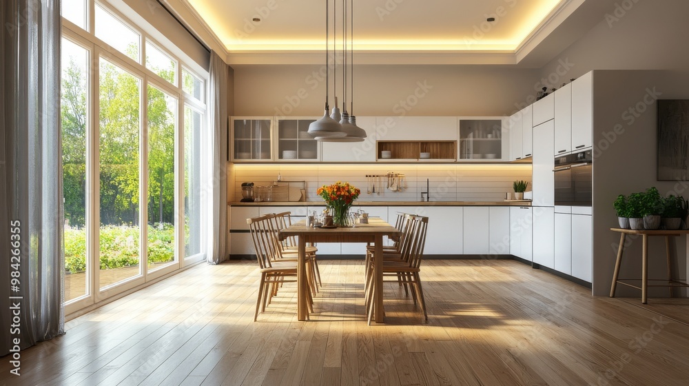 A warm open-plan kitchen and dining space with wood flooring and soft pendant lighting A warm open-plan kitchen and dining space with wood flooring and soft pendant lighting
