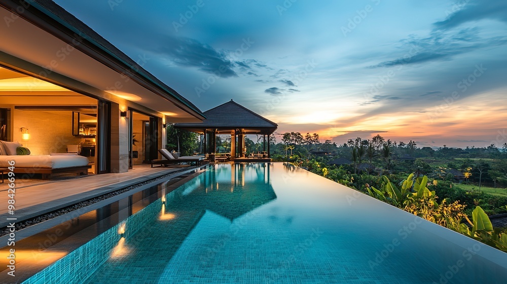 Fototapeta premium luxurious swimming pool villa at dusk 