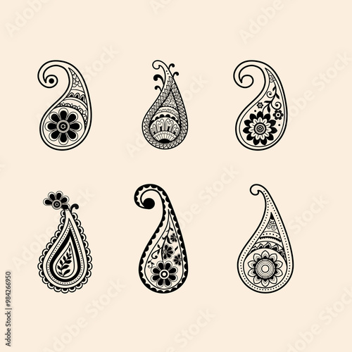 Traditional paisley ornament. Hand drawn abstract design element illustrations. Simple drawing floral pattern.
