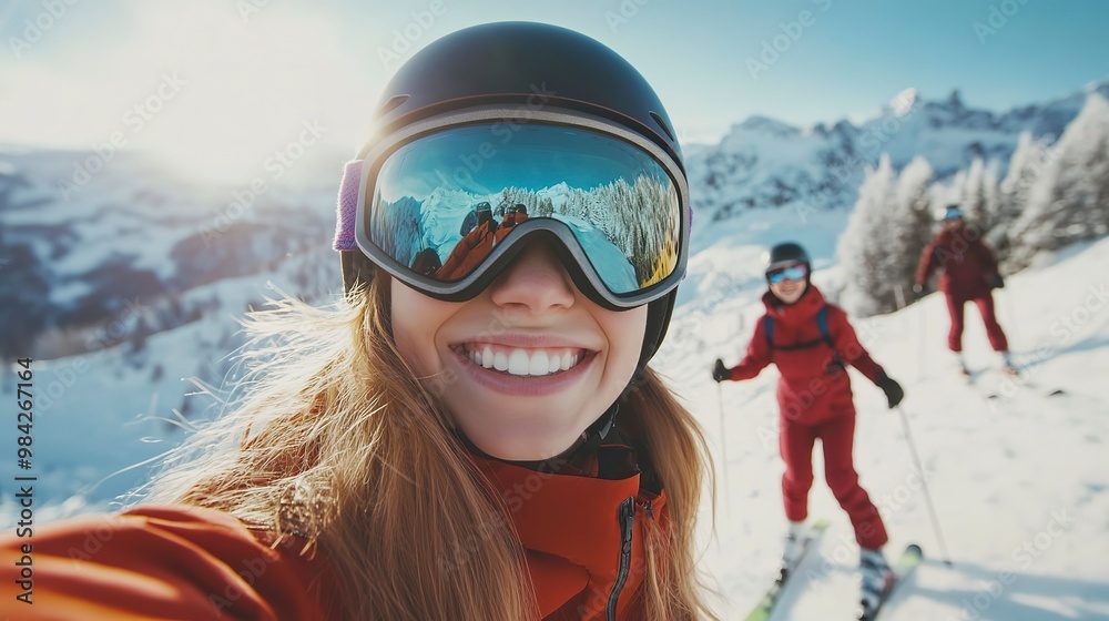 Lifestyle selfie photo of a beautiful cheerful young caucasian girl with ski goggles and helmet, skiing with friends and alps snow mountains in the background Lifestyle selfie photo of a beautiful cheerful young caucasian girl with ski goggles and helmet, skiing with friends and alps snow mountains in the background