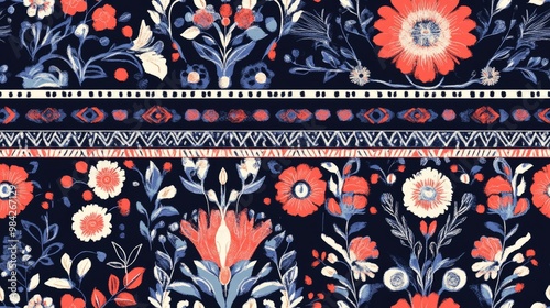 Digital textile pattern featuring a geometric border ethnic style embellishments and botanical floral motifs