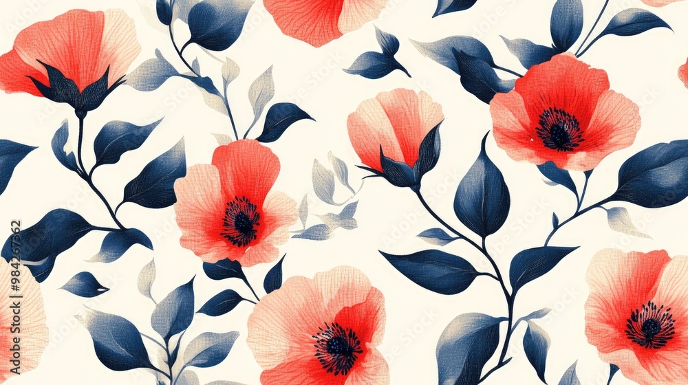 Seamless print suitable for fabric featuring a floral pattern on a light background Seamless print suitable for fabric featuring a floral pattern on a light background