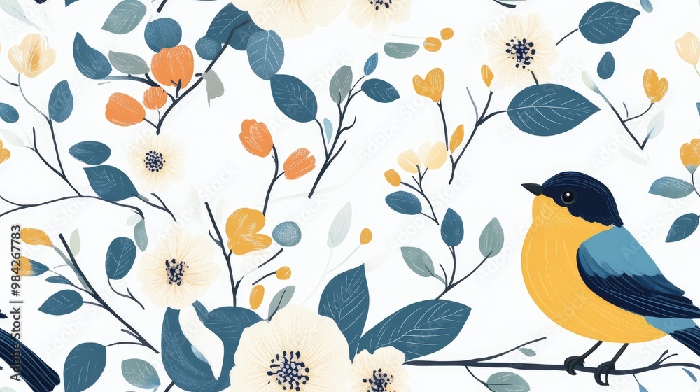 Fototapeta premium Seamless botanical pattern featuring a bird Minimalistic bird design suitable for fabric textile and wallpaper White floral background