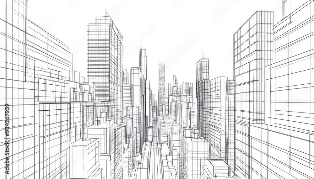Line art depiction of urban architecture in a 3D illustration style Line art depiction of urban architecture in a 3D illustration style