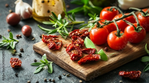 Fresh Tomatoes and Dried Herbs on Wooden Board