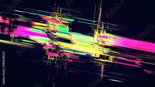 Chaotic Distorted Glitch Texture with Vibrant Neon Static Lines, Abstract Glitch TV Screen Texture