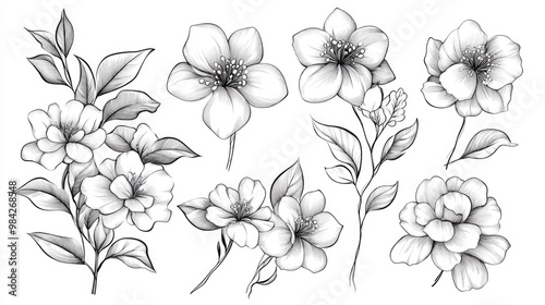 Floral Line Art Set with Sakura Flower Outlines and Hand Painted Doodle Designs Ideal for wedding invitations bridal showers and floral greeting cards Black and white stencil flowers featured