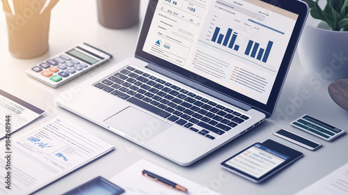 Organized financial workspace with laptop showing transaction dashboard, invoices, receipts, smartphone with financial app, credit cards, and calculator on a neatly arranged desk