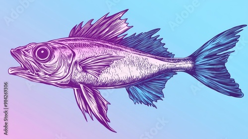 Wallpaper Mural Line art illustration featuring a cold gradient design of a cartoonish speared fish Torontodigital.ca