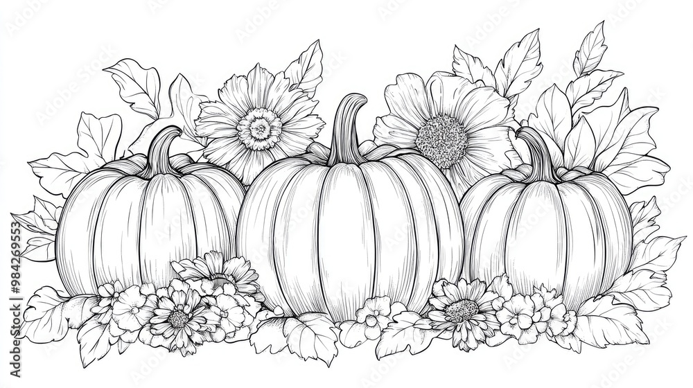 Line Art Illustration of Pumpkins with Wildflowers featuring a hand drawn outline arrangement Includes a coloring page and a decorative frame for Thanksgiving Line Art Illustration of Pumpkins with Wildflowers featuring a hand drawn outline arrangement Includes a coloring page and a decorative frame for Thanksgiving