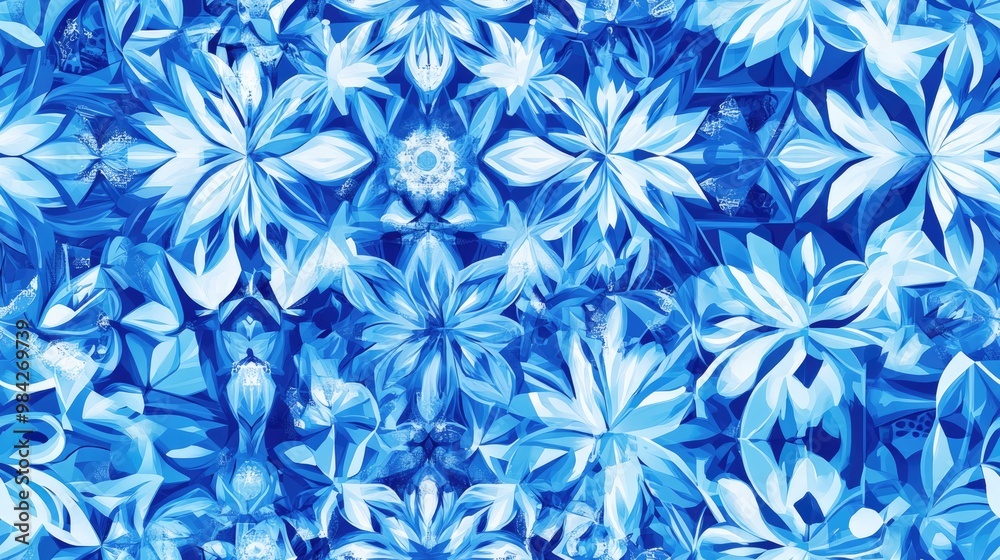 Kaleidoscopic blue patterns featuring decorative mandalas abstract floral elements and star designs Geometric forms create stunning visuals suitable for wallpaper art fabric and furniture prints Kaleidoscopic blue patterns featuring decorative mandalas abstract floral elements and star designs Geometric forms create stunning visuals suitable for wallpaper art fabric and furniture prints