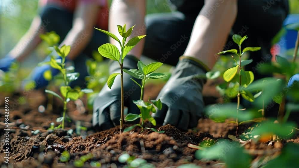 A group of individuals is carefully planting young green seedlings in a garden, each focusing on fostering healthy growth and nurturing their crops under bright sunlight. A group of individuals is carefully planting young green seedlings in a garden, each focusing on fostering healthy growth and nurturing their crops under bright sunlight.