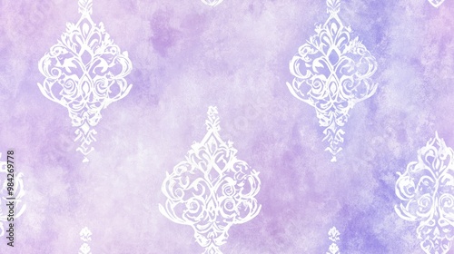 Abstract geometric seamless vintage background featuring a delicate lace pattern in white and light blue on a pastel purple diamond design ornate and dreamy photo