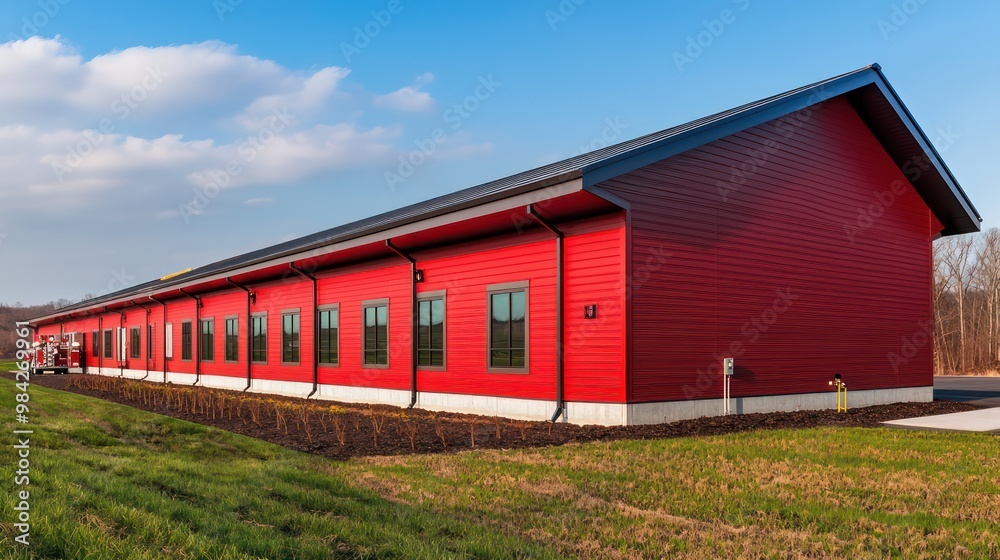 A fire-resistant training facility with red James Hardie siding, equipped to handle emergency response training for firefighters, demonstrating the siding's safety and durability features A fire-resistant training facility with red James Hardie siding, equipped to handle emergency response training for firefighters, demonstrating the siding's safety and durability features