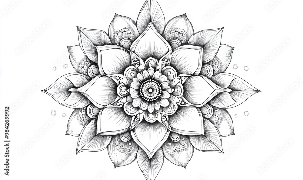 Black line art illustration of a floral mandala design featuring intricate dot work suitable for tattoo artwork Black line art illustration of a floral mandala design featuring intricate dot work suitable for tattoo artwork