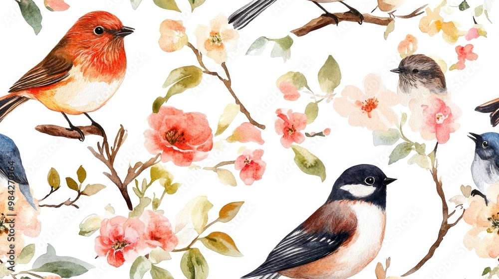 Fototapeta premium Seamless watercolor pattern featuring birds and flowers against a white background
