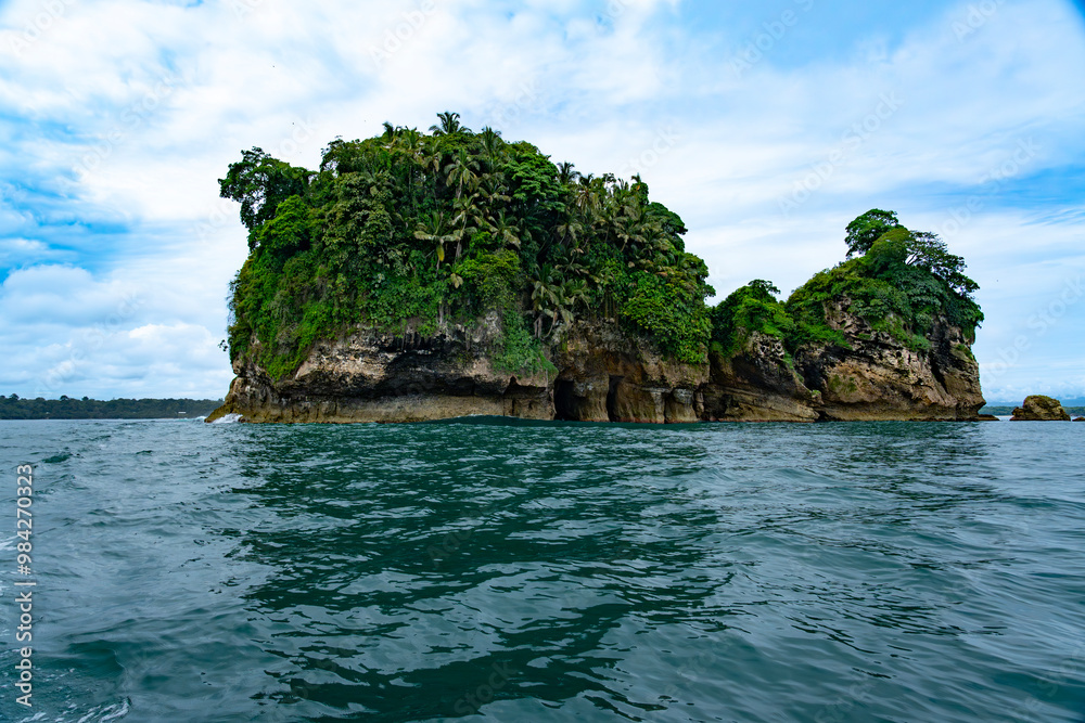 Tropical Paradise of Isla de los Pájaros, Panama, A Scenic Haven with Lush Vegetation, Wildlife, and Exotic Coastal Rock Formations in the Caribbean Sea