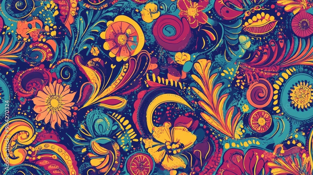 Seamless tracery pattern featuring Mehndi designs Colorful doodle texture with curved motifs Seamless tracery pattern featuring Mehndi designs Colorful doodle texture with curved motifs