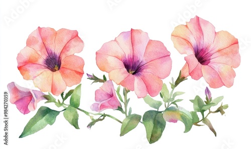 Watercolor illustration of petunia flowers on a white backdrop