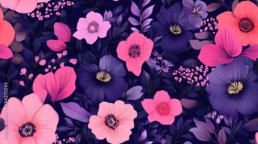 Trendy seamless floral pattern in shades of violet pink and purple Trendy seamless floral pattern in shades of violet pink and purple