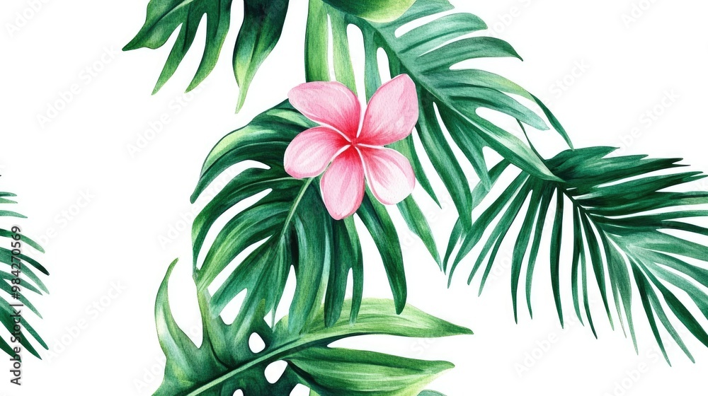 Tropical palm leaves in a watercolor style featuring a wildflower design for use as background texture wrapping pattern frame or border