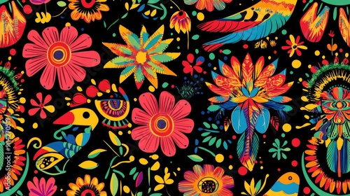 Vibrant South American inspired pattern featuring birds flowers and circular ornaments in indigenous Maya and Aztec styles suitable for custom designs backgrounds and textile applications Raster i