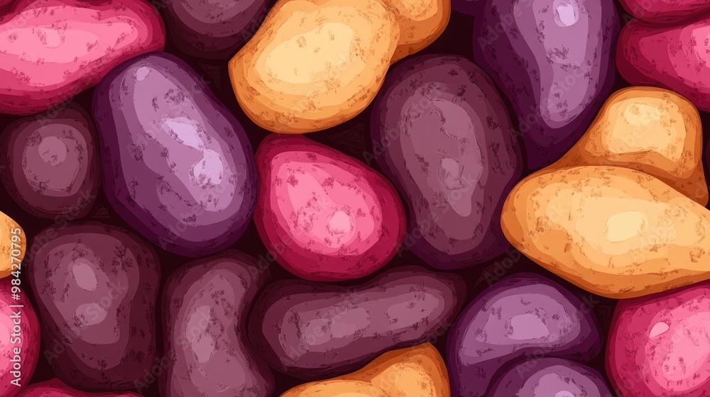 Illustration depicting a vibrant pattern of brown potatoes and batat featuring an array of attractive vegetables Colorful and simple design showcasing dark potatoes and batat