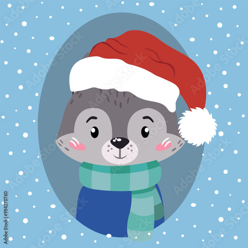 A Christmas card in vector. A wolf  in a Santa Claus hat.