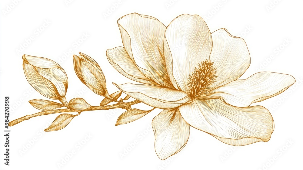 Line art illustration featuring a gold hued magnolia flower with hatching viewed from the side isolated against a white background Line art illustration featuring a gold hued magnolia flower with hatching viewed from the side isolated against a white background