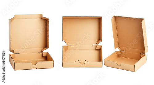 Set of Three Cardboard Pizza Boxes in Various Open Positions Isolated on Transparent Background