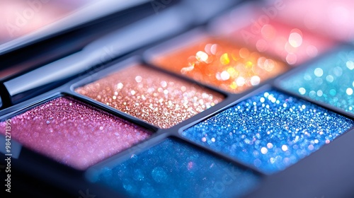 Colorful Glitter Eyeshadow Palette with Vibrant Shimmering Shades and Makeup Brush photo