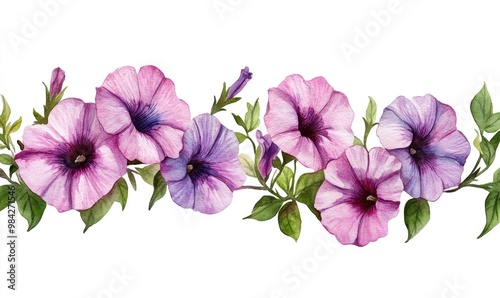 Watercolor illustration of petunia flowers on a white backdrop