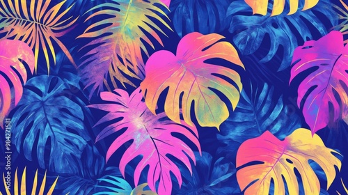 Vibrant Seamless Tie Dye Monstera Pattern Tropical floral design featuring modern exotic jungle elements and hand drawn plant illustrations perfect for fabric prints